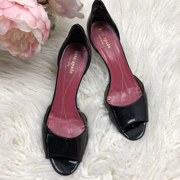kate spade Shoes - Kate Spade Kitten Heel Peep Patent Leather Heels